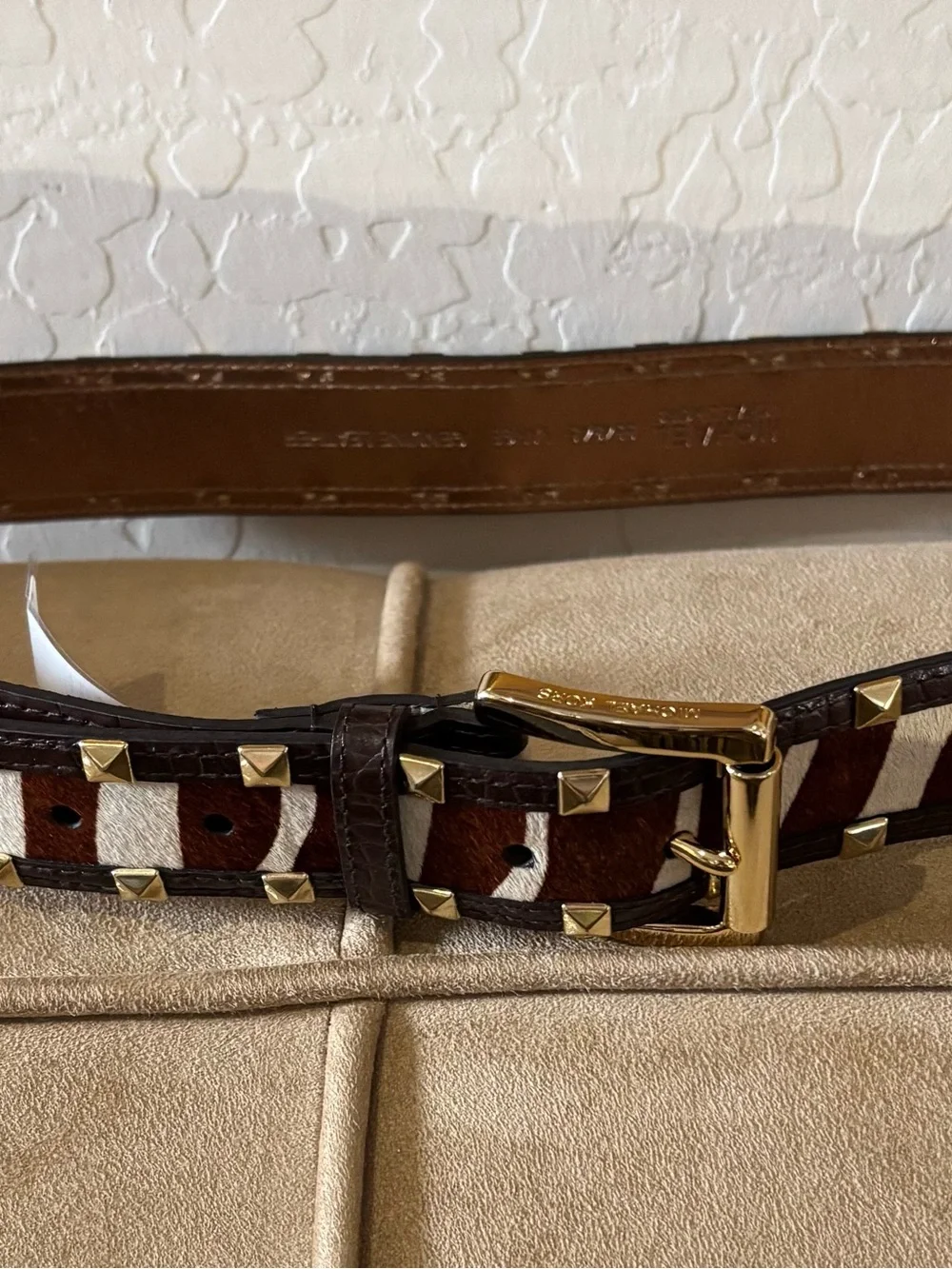 Michael Kors Studded Brown & Cream Calf-Hair Leather Women’s Belt